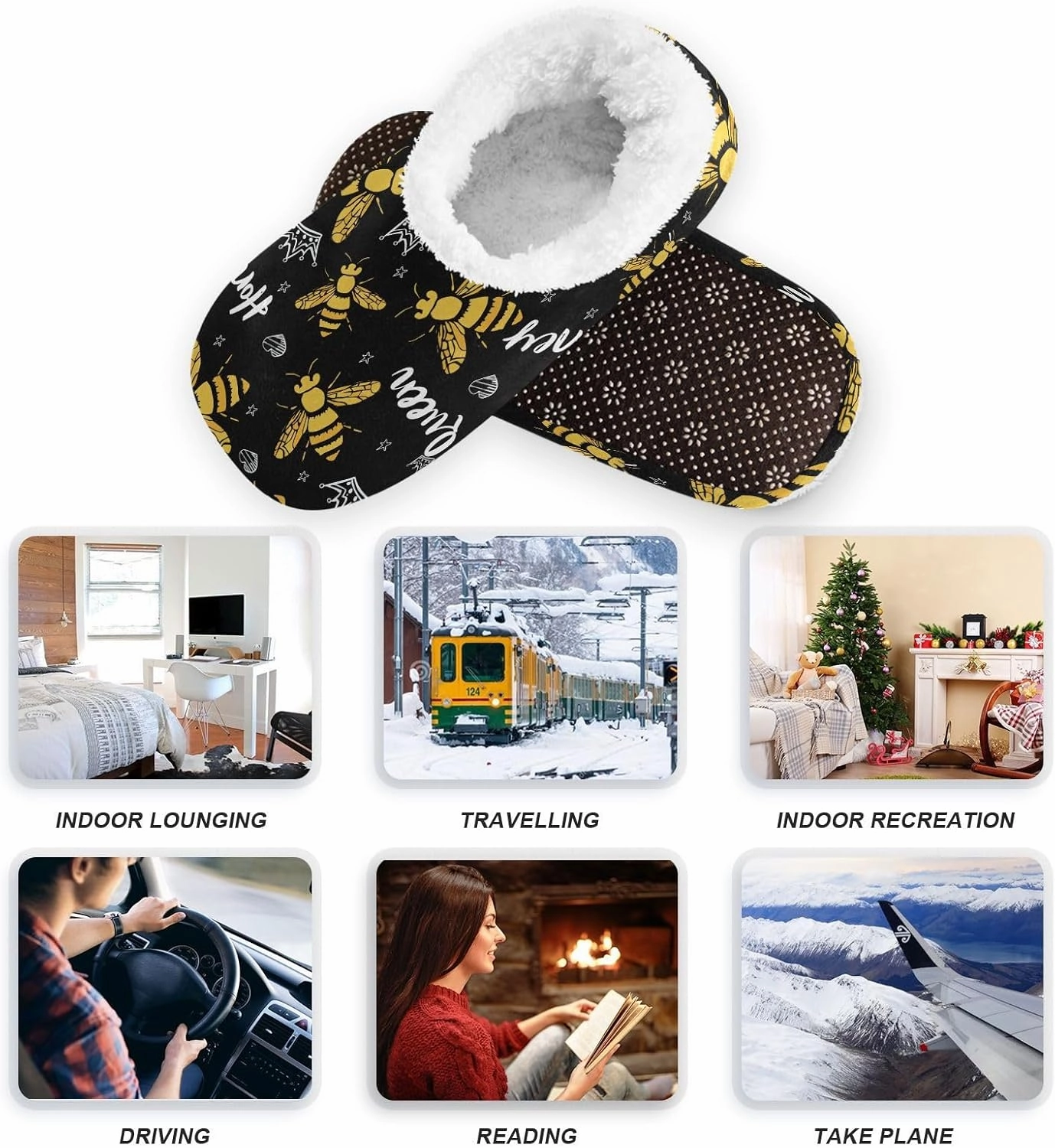 Queen Honey Bee Black Fuzzy Memory Foam Closed Back Slippers for Women Men Knit Fleece Lined House Shoes with Anti-Skid Sole Warm Socks for Indoor Outdoor Hotel Bedroom