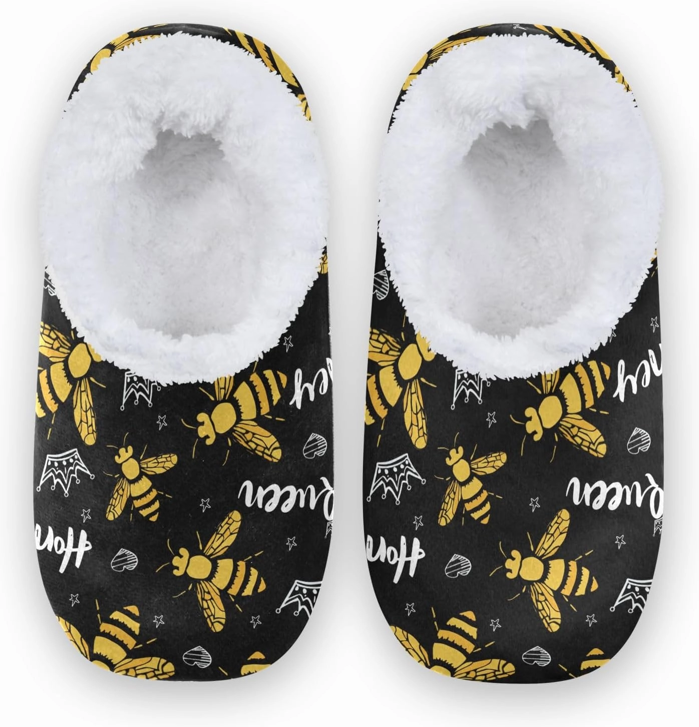 Queen Honey Bee Black Fuzzy Memory Foam Closed Back Slippers for Women Men Knit Fleece Lined House Shoes with Anti-Skid Sole Warm Socks for Indoor Outdoor Hotel Bedroom