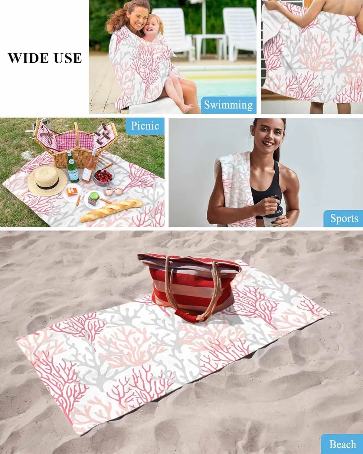 Quick-Drying Microfiber Beach Towel, Pink Coastal Soft Absorbent Bath Shower Towels, Summer Beach Coral Lightweight Portable Towel/Blanket for Travel/Swimming Pool/Camping/Yoga/Gym，35x70 Inch
