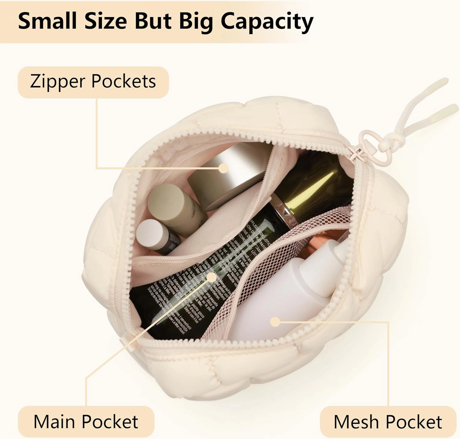 Quilted Cosmetic Bag, Puffer Makeup Bags, Crossbody Purses for women,Cute Travel Toiletry Bag for Women (Beige)