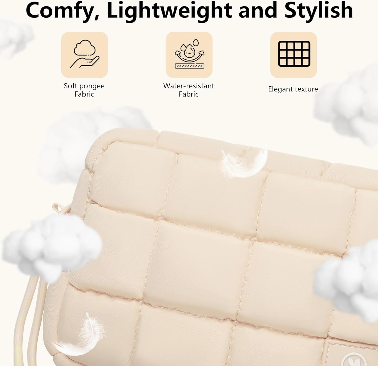 Quilted Cosmetic Bag, Puffer Makeup Bags, Crossbody Purses for women,Cute Travel Toiletry Bag for Women (Beige)