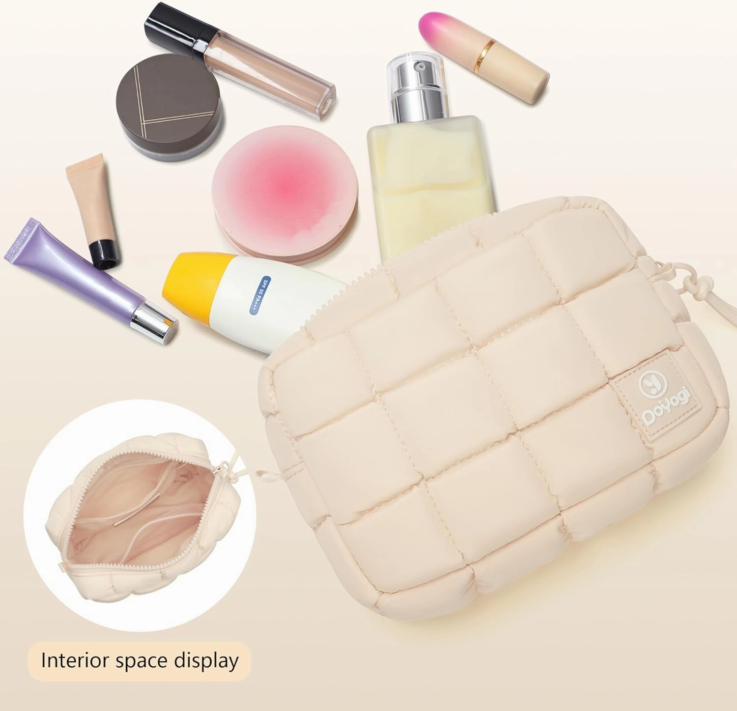 Quilted Cosmetic Bag, Puffer Makeup Bags, Crossbody Purses for women,Cute Travel Toiletry Bag for Women (Beige)