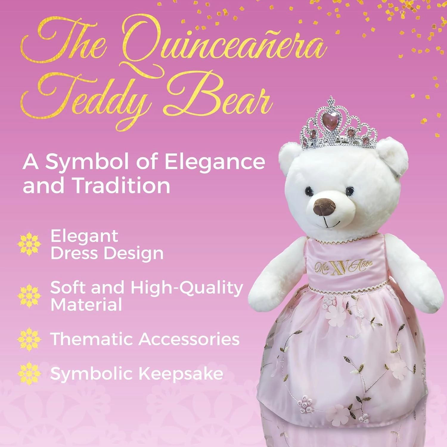 Quinceañera Teddy Bear 18-inches Tall with Dress for 15th Birthday, Quince Bear with Matching Crown, Ideal Keepsake for 15th Birthday, Mis XV Años - Pink