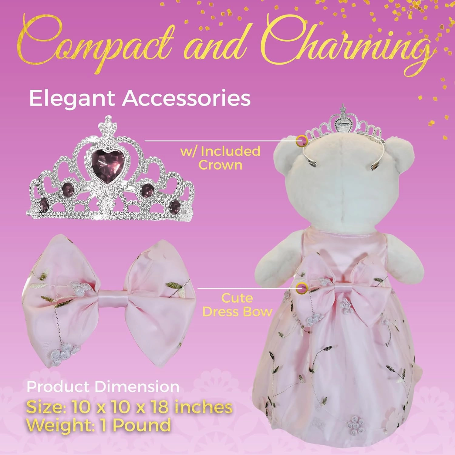 Quinceañera Teddy Bear 18-inches Tall with Dress for 15th Birthday, Quince Bear with Matching Crown, Ideal Keepsake for 15th Birthday, Mis XV Años - Pink