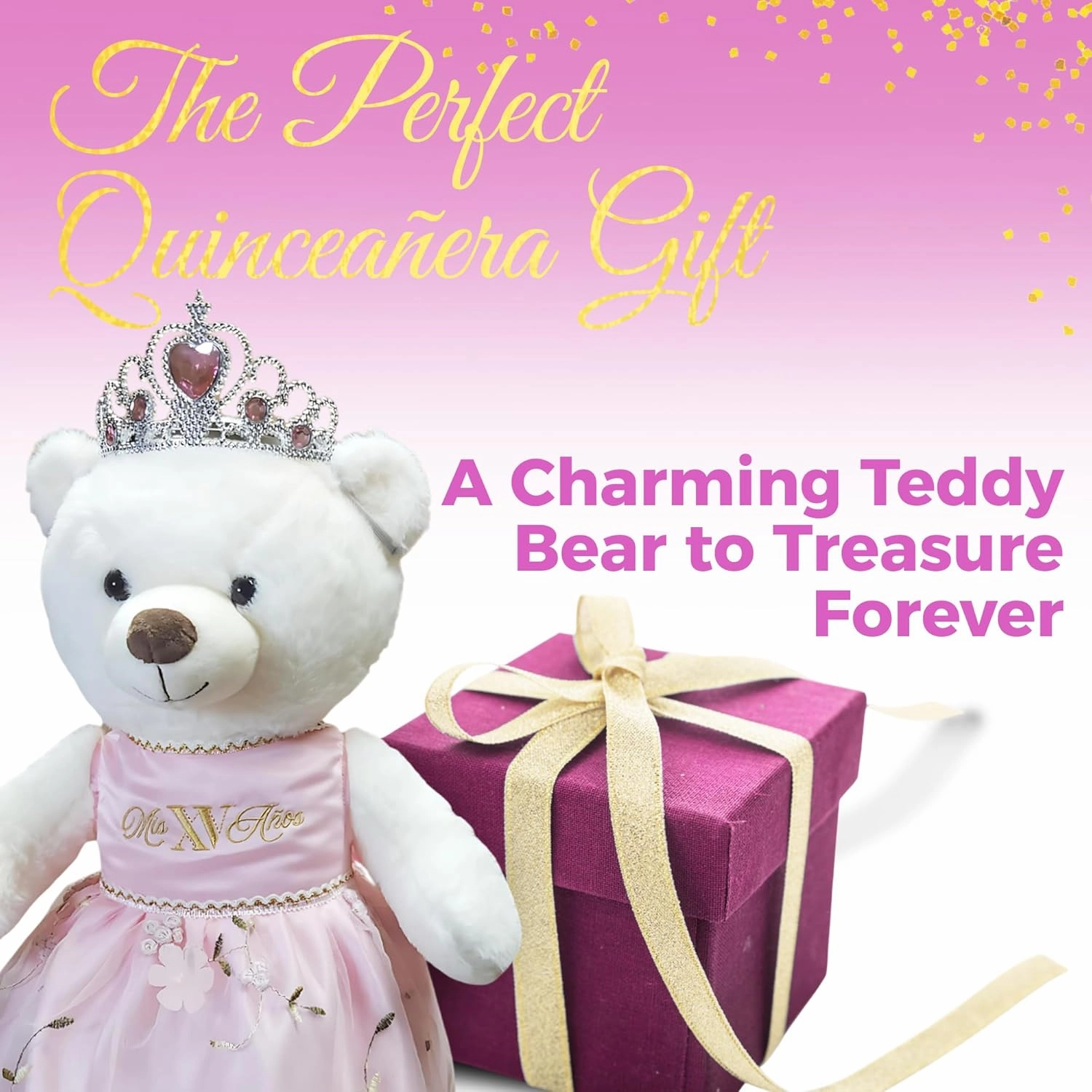 Quinceañera Teddy Bear 18-inches Tall with Dress for 15th Birthday, Quince Bear with Matching Crown, Ideal Keepsake for 15th Birthday, Mis XV Años - Pink