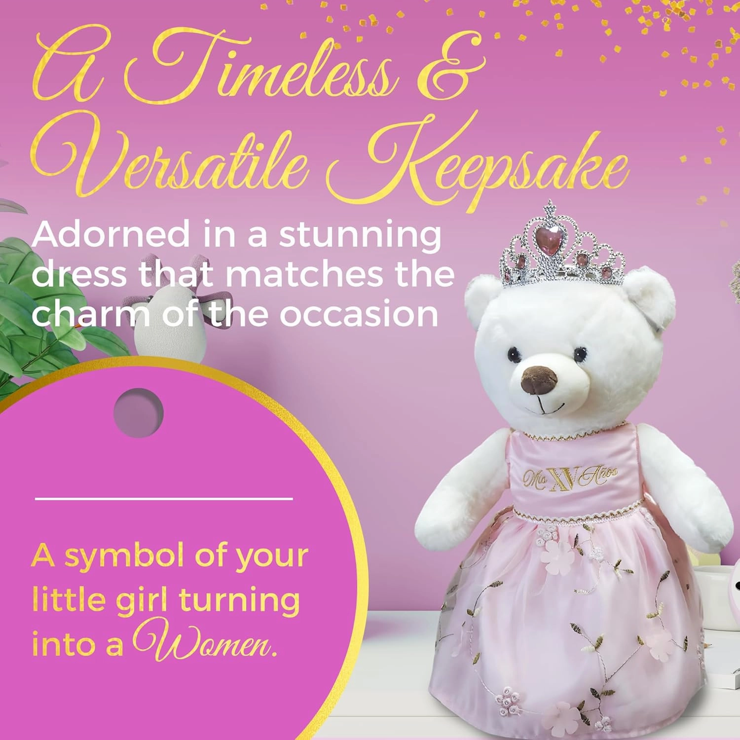 Quinceañera Teddy Bear 18-inches Tall with Dress for 15th Birthday, Quince Bear with Matching Crown, Ideal Keepsake for 15th Birthday, Mis XV Años - Pink