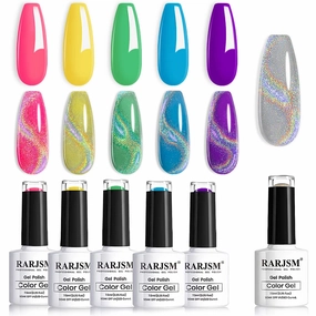 RARJSM Neon Gel Nail Polish Set Cat Eye Gel Nail Polish Set Silver Glitter GelPolish Irridescent Colors Neon Green Yellow Hot Pink Purple Blue 6 Piece Set 7.5ML Curing Required
