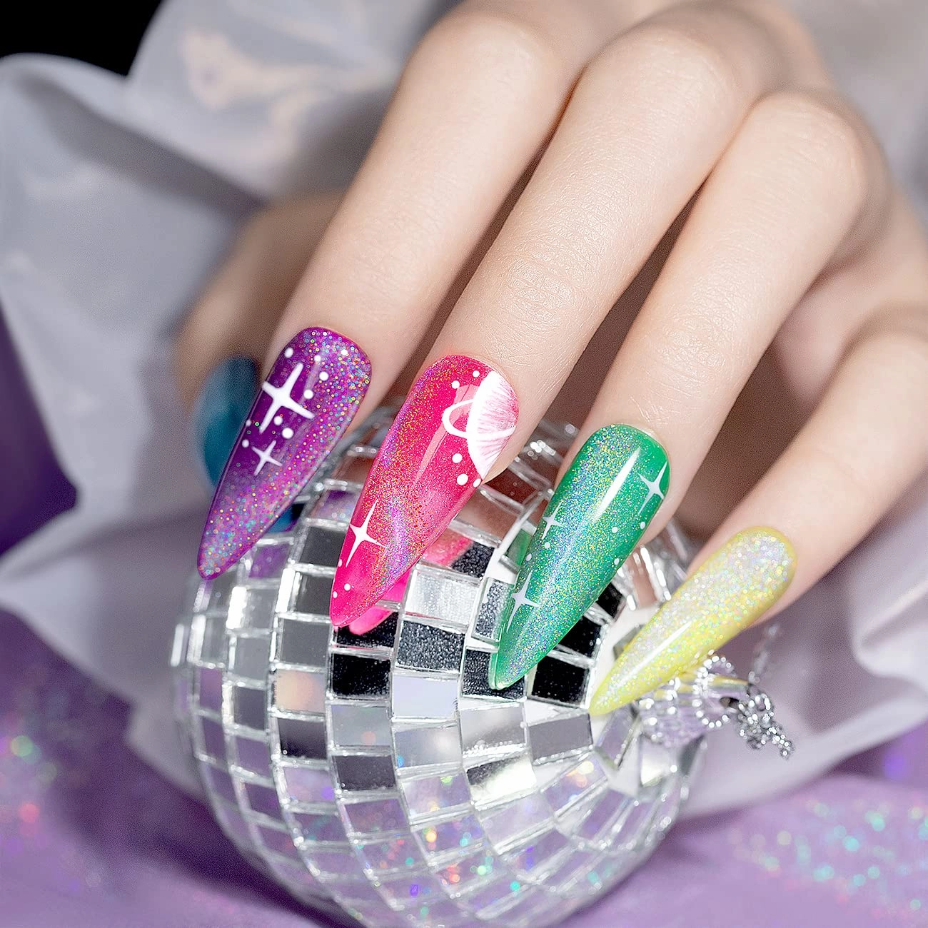 RARJSM Neon Gel Nail Polish Set Cat Eye Gel Nail Polish Set Silver Glitter GelPolish Irridescent Colors Neon Green Yellow Hot Pink Purple Blue 6 Piece Set 7.5ML Curing Required