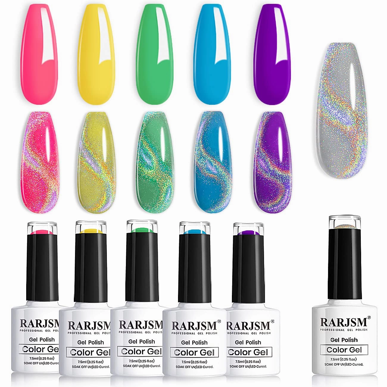 RARJSM Neon Gel Nail Polish Set Cat Eye Gel Nail Polish Set Silver Glitter GelPolish Irridescent Colors Neon Green Yellow Hot Pink Purple Blue 6 Piece Set 7.5ML Curing Required