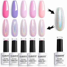 RARJSM Pastel Gel Nail Polish Set 6 Colors Pink Purple Series Chrome Reflective Holographic Glitter GelPolishes Silver Ch7.5ML Curing Required Soak Off Nail Gel Kit Salon Home Diy French Manicure