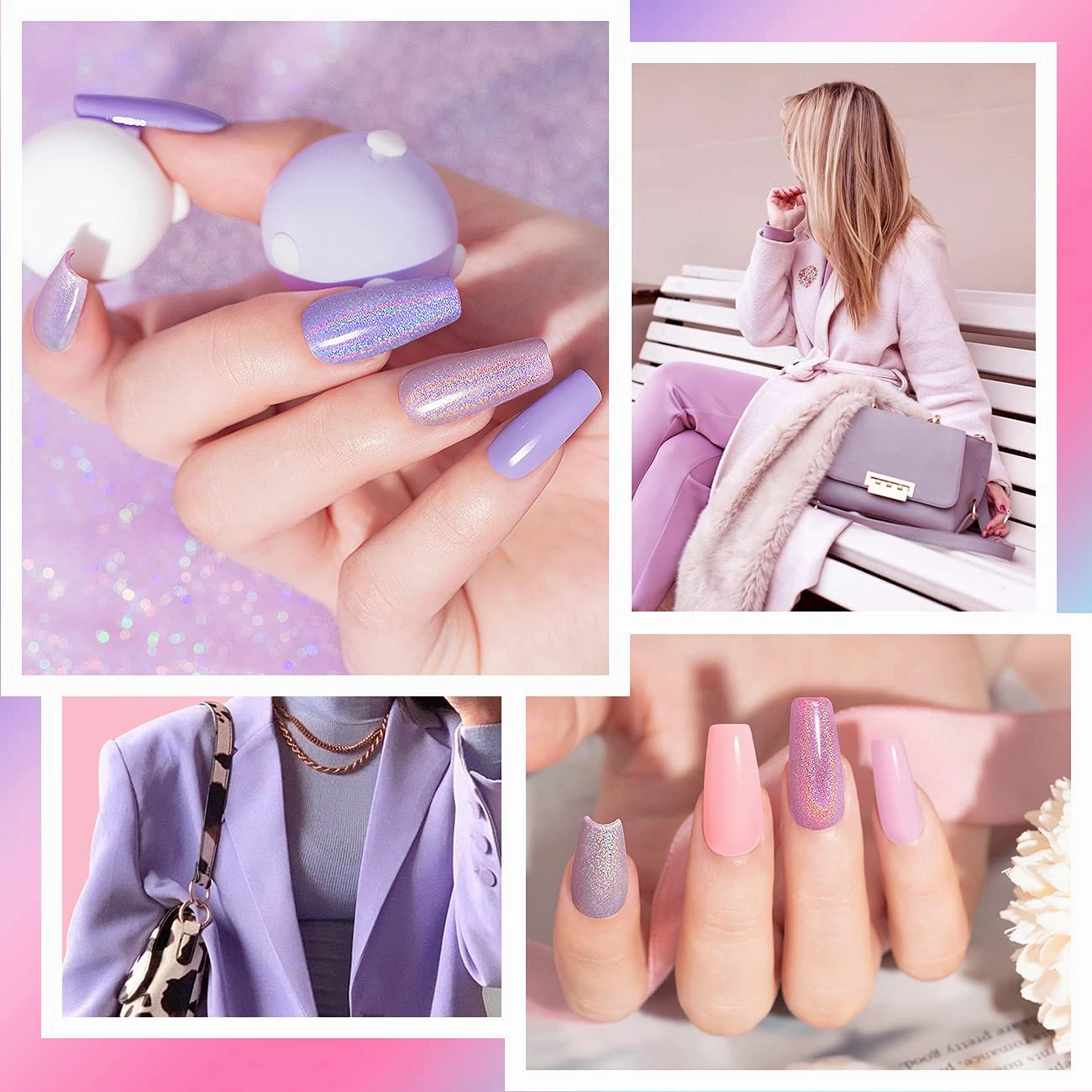 RARJSM Pastel Gel Nail Polish Set 6 Colors Pink Purple Series Chrome Reflective Holographic Glitter GelPolishes Silver Ch7.5ML Curing Required Soak Off Nail Gel Kit Salon Home Diy French Manicure