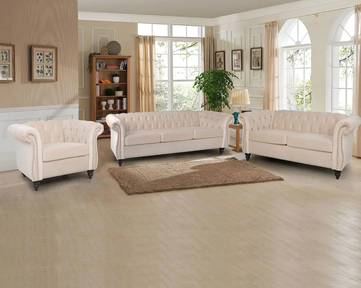 RARZOE Chesterfield Loveseat Sofa Set, Beige, Foam, 1 2 Seater, 67"Wx32"Dx27"H