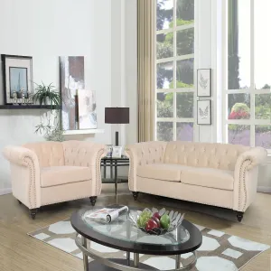 RARZOE Chesterfield Loveseat Sofa Set, Beige, Foam, 1 2 Seater, 67"Wx32"Dx27"H