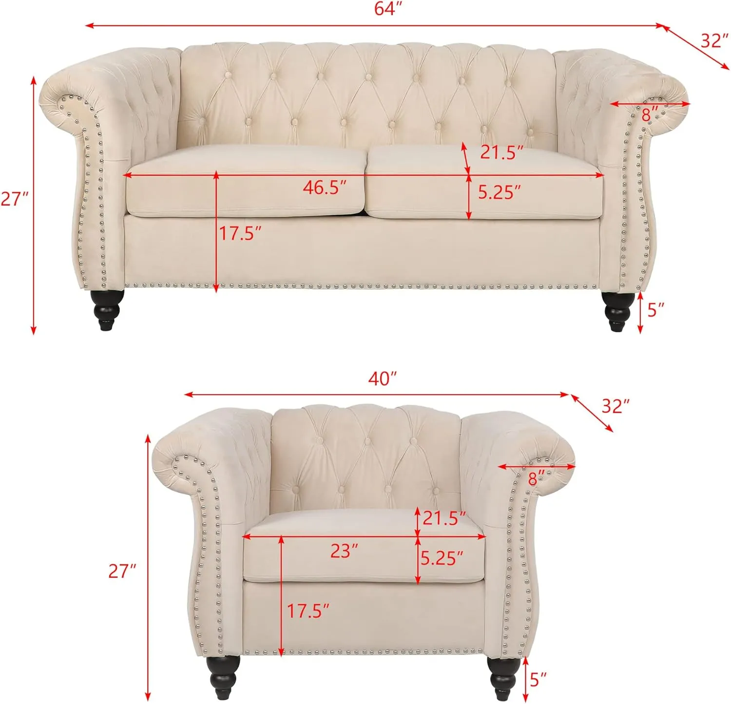 RARZOE Chesterfield Loveseat Sofa Set, Beige, Foam, 1 2 Seater, 67"Wx32"Dx27"H
