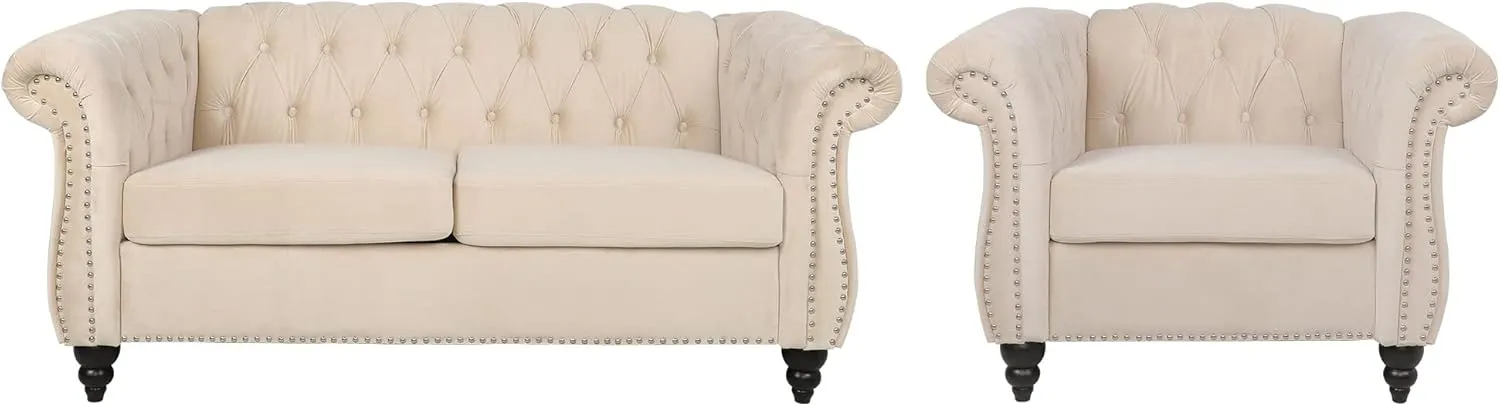 RARZOE Chesterfield Loveseat Sofa Set, Beige, Foam, 1 2 Seater, 67"Wx32"Dx27"H