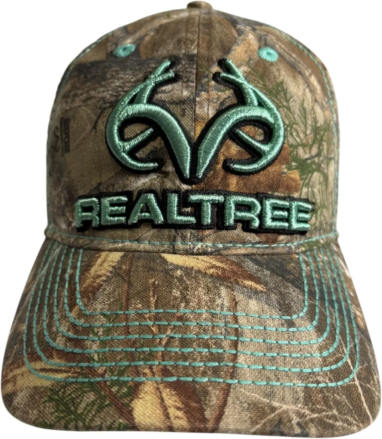 Realtree Teal Glitter Camo Logo Cap for Women, Teal 3D Antler Logo and Contrast Stitching, Unstructured, Adjustable Vel-cro Back