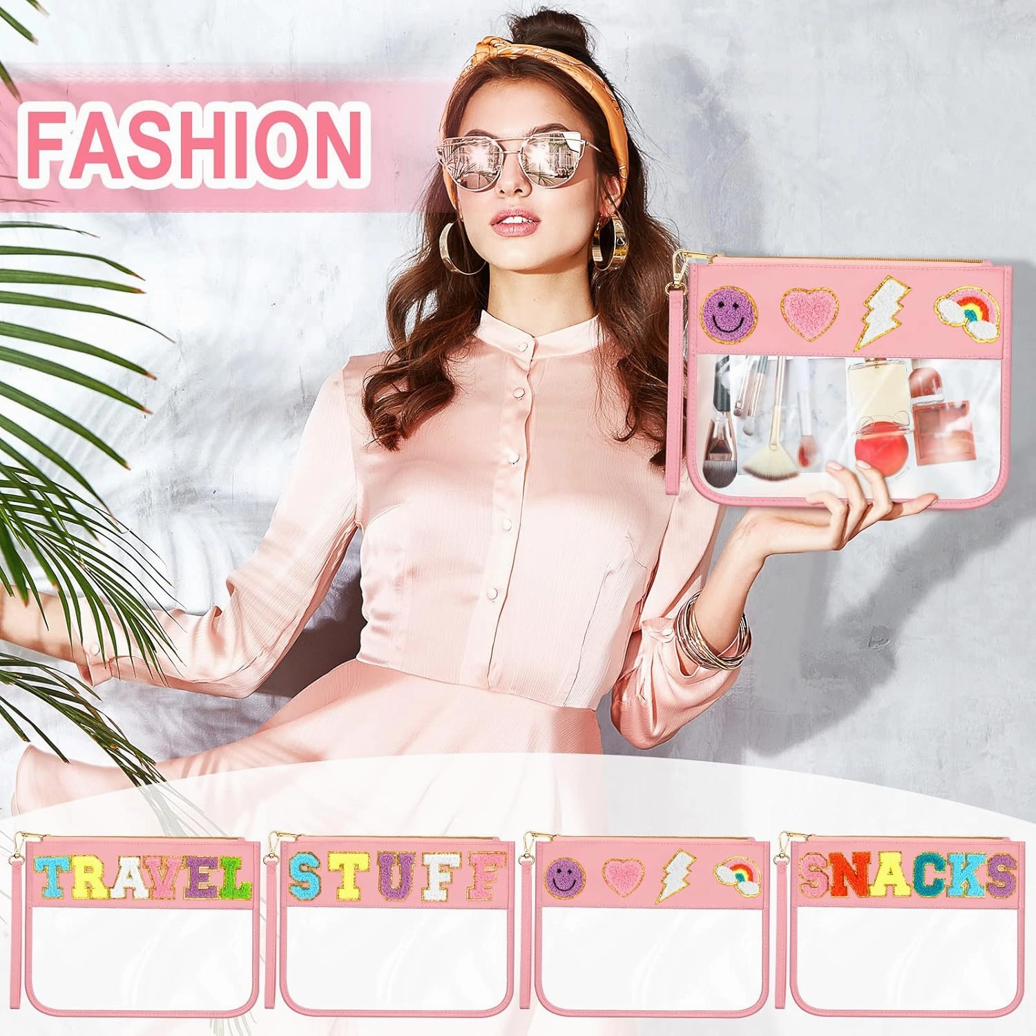 Remerry 4 Pack Chenille Letter Bag Clear Monogram Cosmetic Makeup Bag Travel Snack Beach Stuff Patch Pouch Preppy Gifts for Women Girls