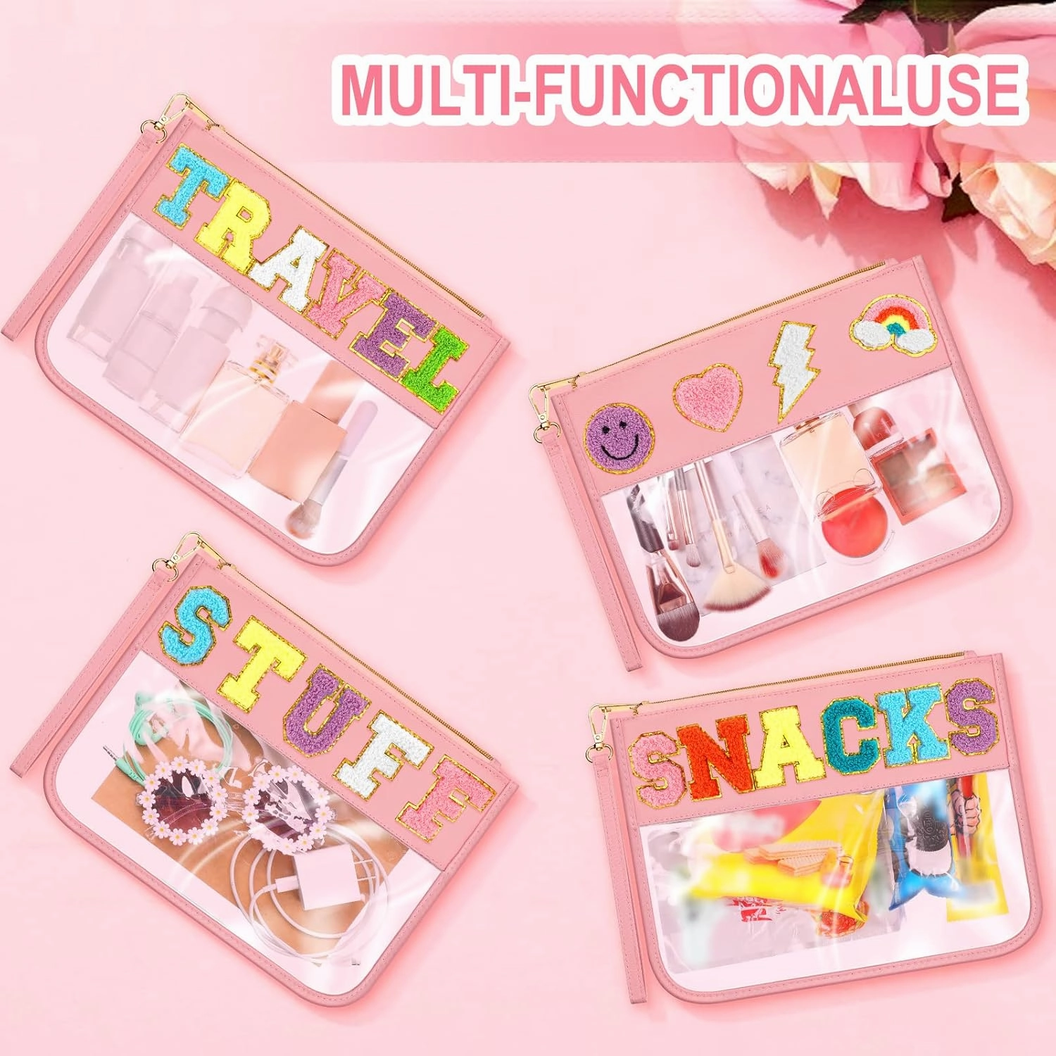 Remerry 4 Pack Chenille Letter Bag Clear Monogram Cosmetic Makeup Bag Travel Snack Beach Stuff Patch Pouch Preppy Gifts for Women Girls