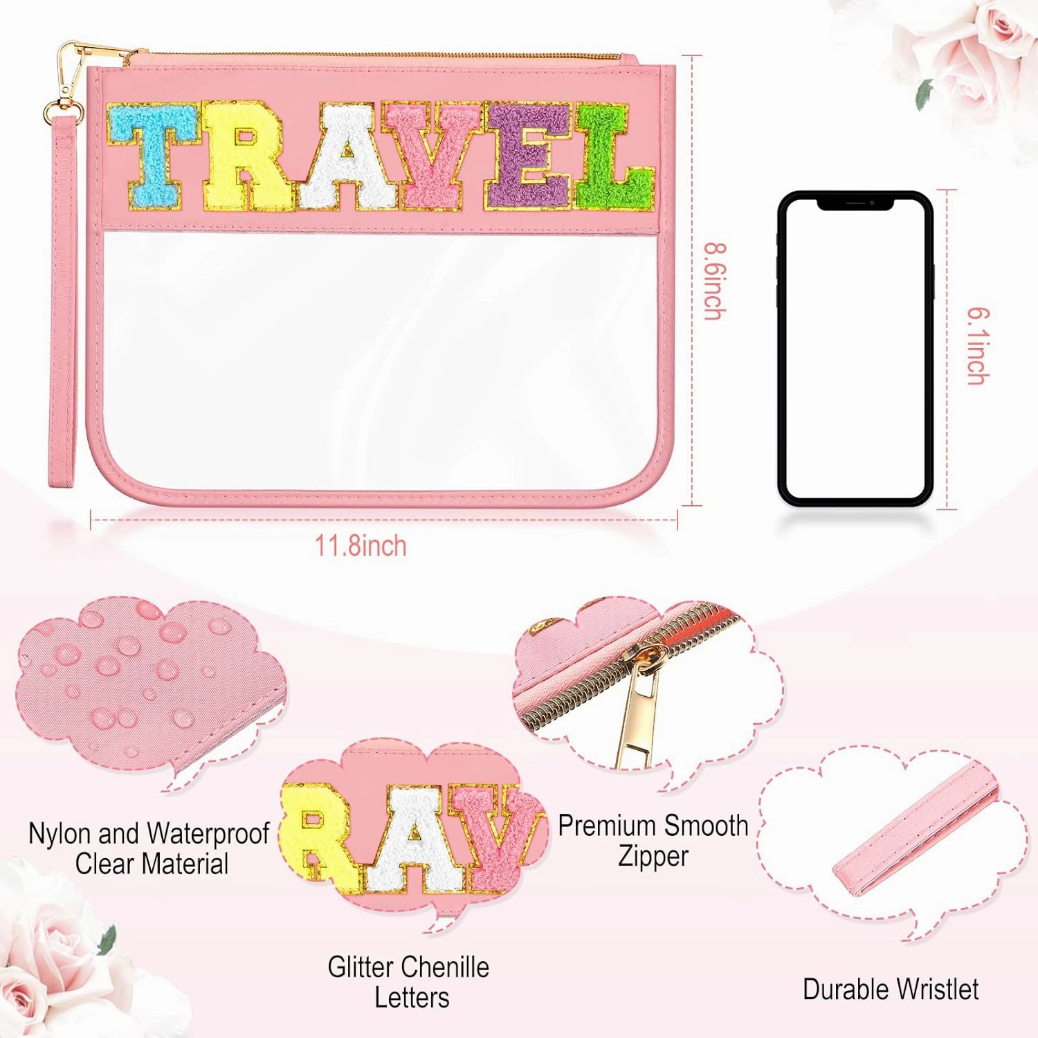 Remerry 4 Pack Chenille Letter Bag Clear Monogram Cosmetic Makeup Bag Travel Snack Beach Stuff Patch Pouch Preppy Gifts for Women Girls