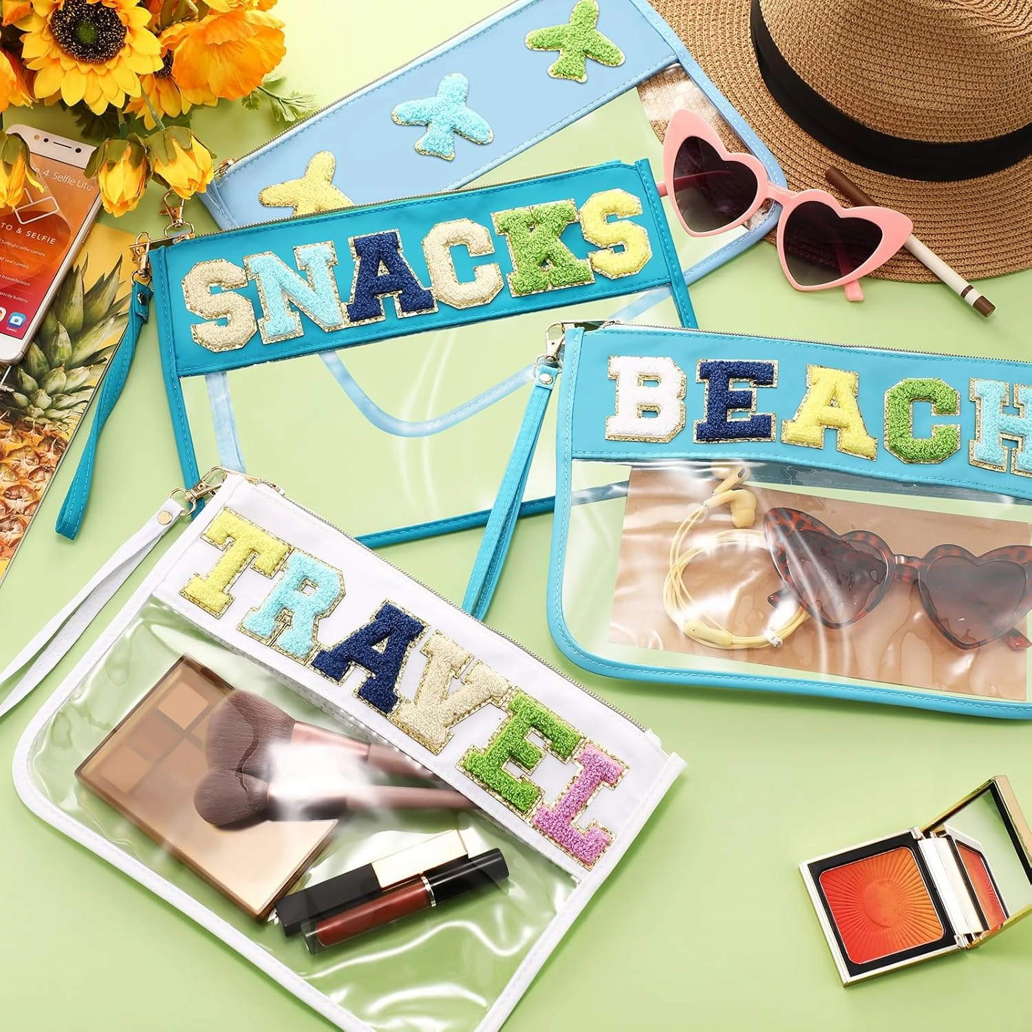 Remerry 4 Pack Chenille Letter Bag Clear Monogram Cosmetic Makeup Bag Travel Snack Beach Stuff Patch Pouch Preppy Gifts for Women Girls