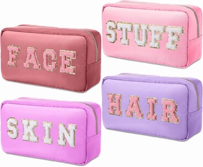 Remerry 4 Pcs Makeup Bags Travel Cosmetic Bag Organization Chenille Letter Toiletries Stuff Pouch Preppy Waterproof Gift for Women Girl Teen (Pink Gradient,Face Skin Hair Stuff)