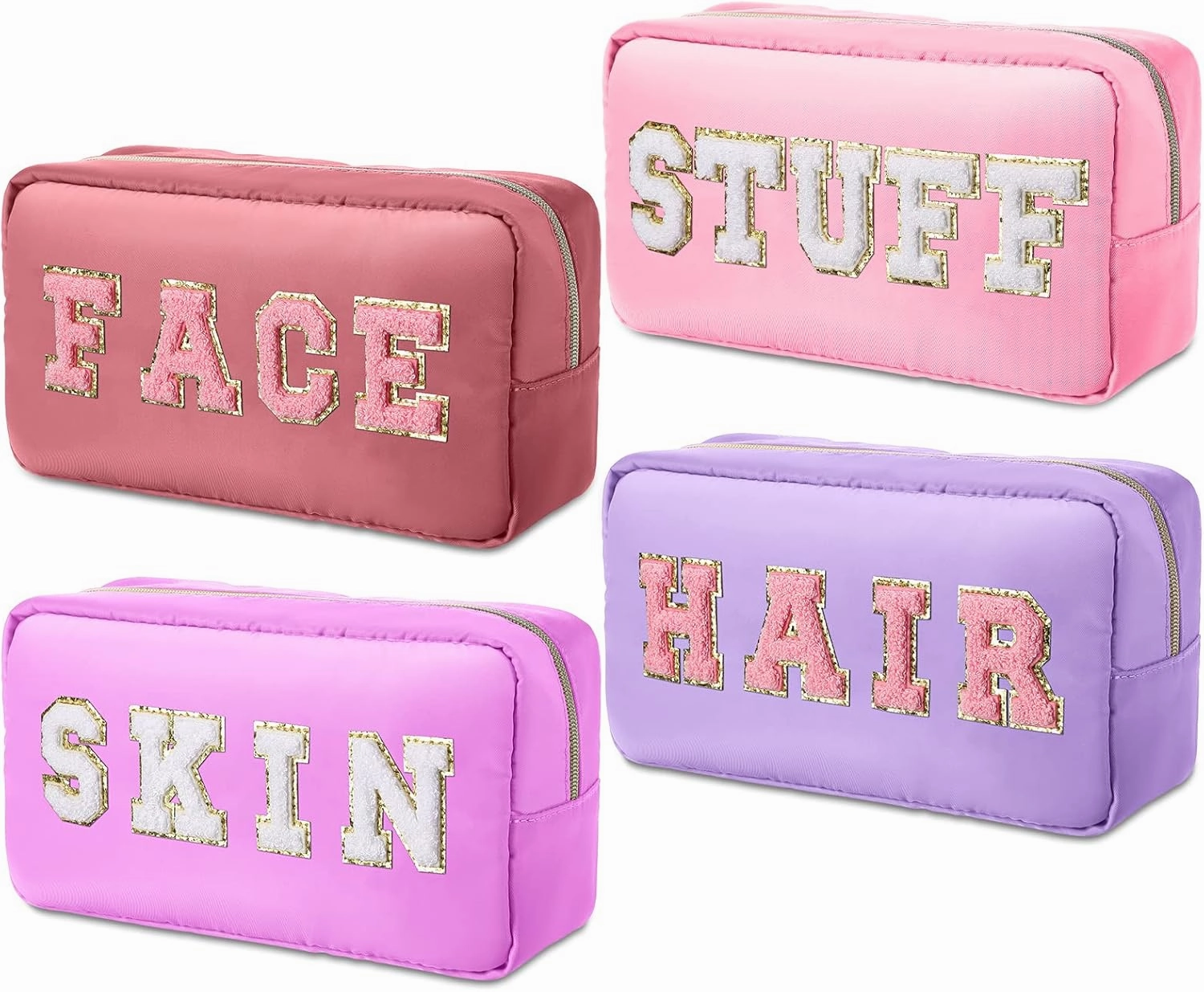Remerry 4 Pcs Makeup Bags Travel Cosmetic Bag Organization Chenille Letter Toiletries Stuff Pouch Preppy Waterproof Gift for Women Girl Teen (Pink Gradient,Face Skin Hair Stuff)