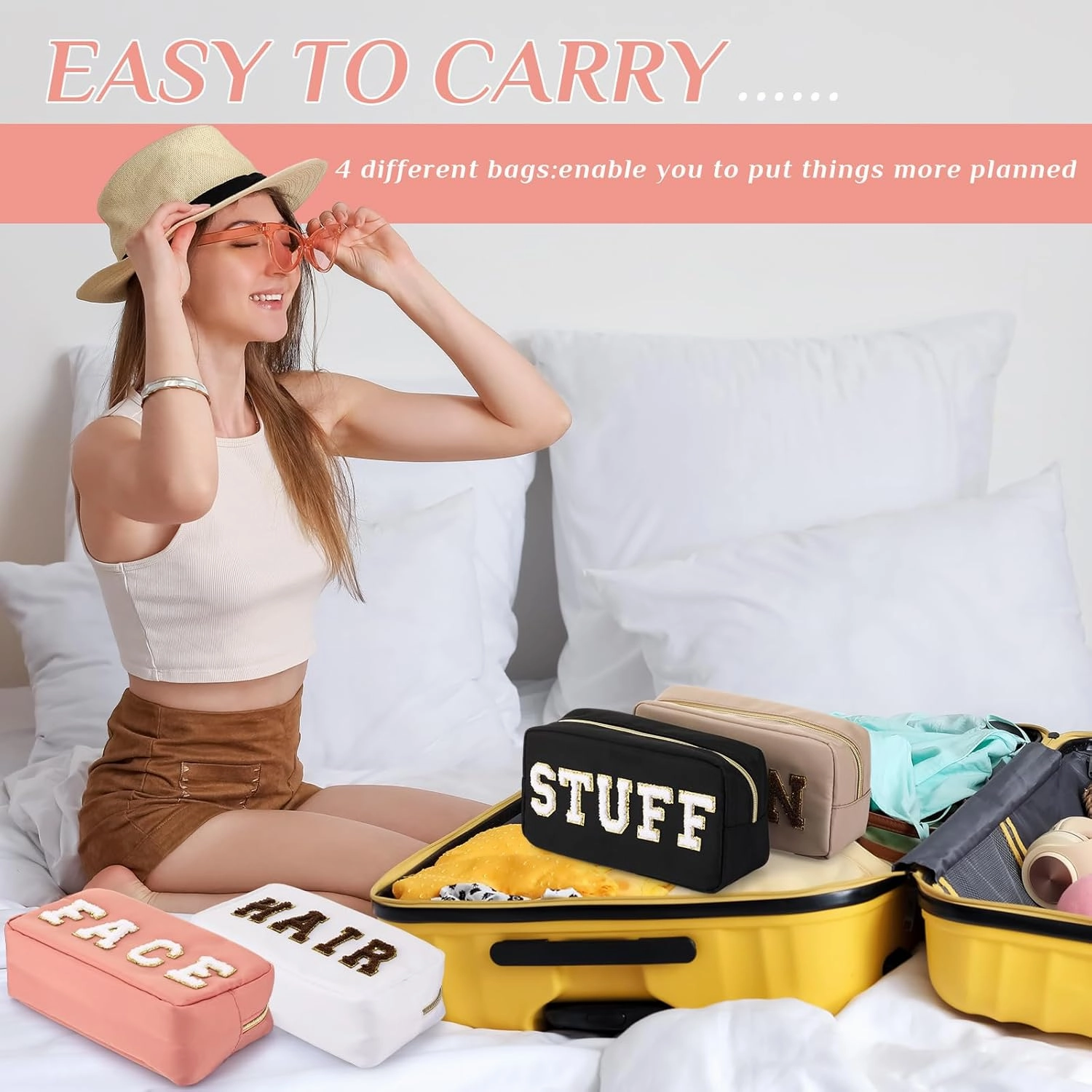 Remerry 4 Pcs Travel Toiletry Bags for Women Nylon Makeup Bag Organizer Cosmetic Chenille Letter Pouch Zipper Preppy Waterproof Hair Pouch Christmas Gift (Black, Nude Pink, White, Coffee)