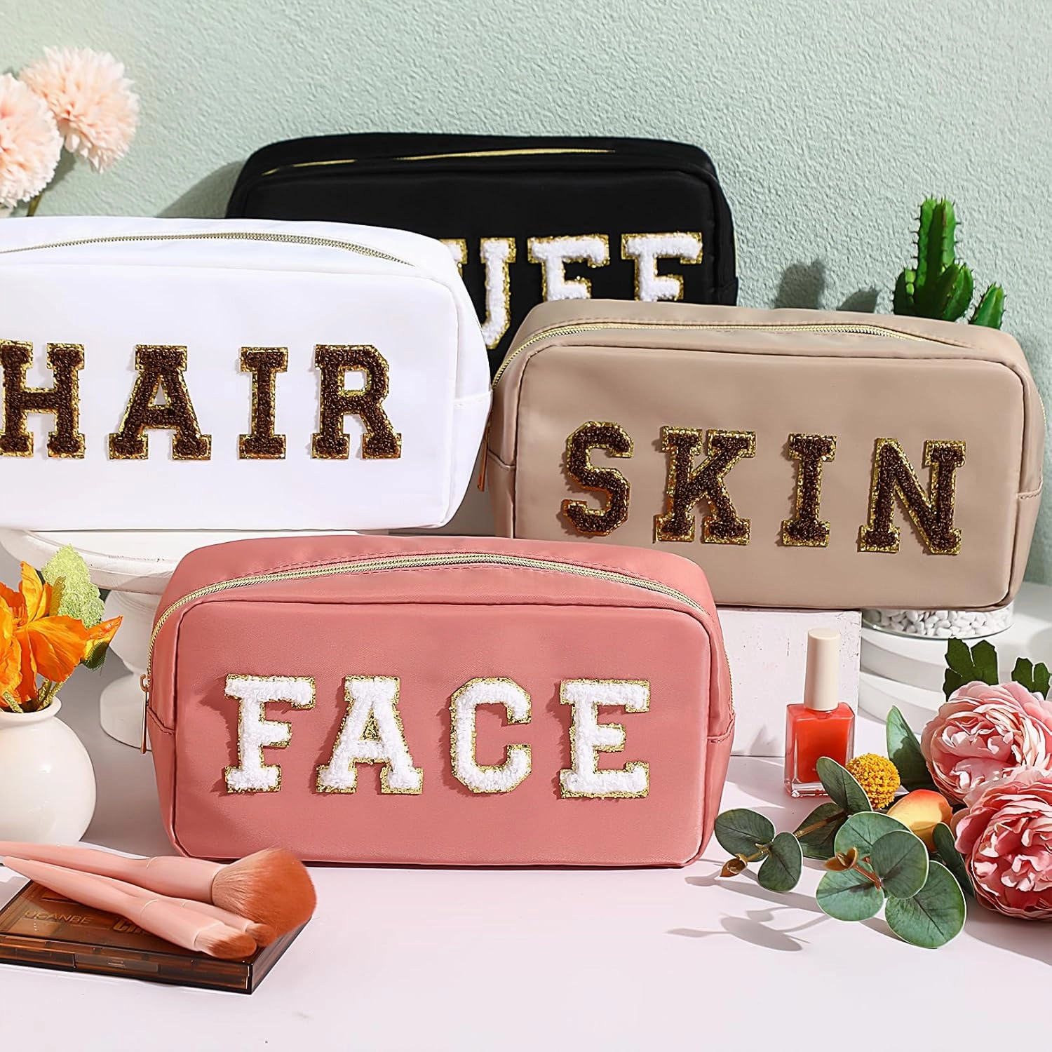 Remerry 4 Pcs Travel Toiletry Bags for Women Nylon Makeup Bag Organizer Cosmetic Chenille Letter Pouch Zipper Preppy Waterproof Hair Pouch Christmas Gift (Black, Nude Pink, White, Coffee)