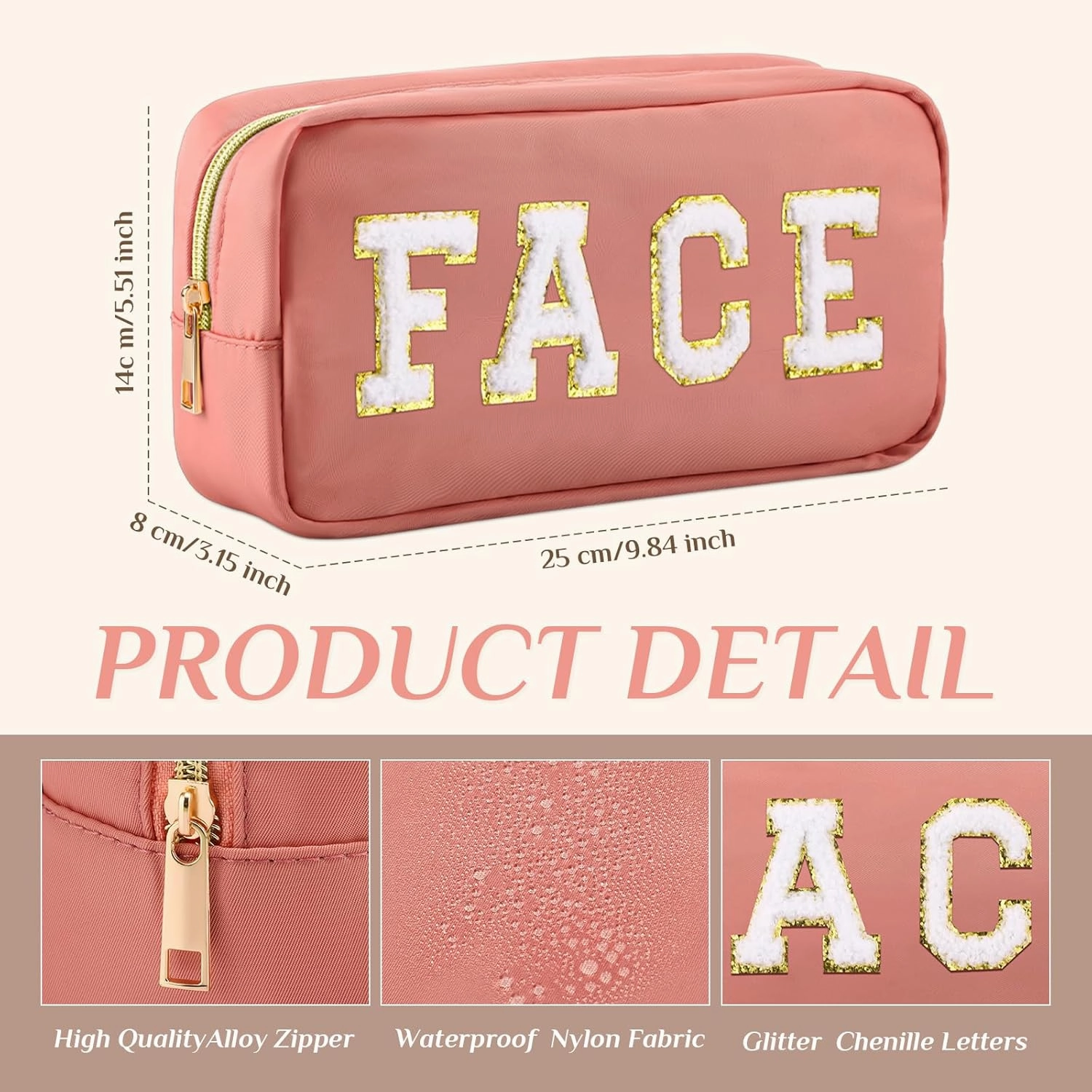 Remerry 4 Pcs Travel Toiletry Bags for Women Nylon Makeup Bag Organizer Cosmetic Chenille Letter Pouch Zipper Preppy Waterproof Hair Pouch Christmas Gift (Black, Nude Pink, White, Coffee)
