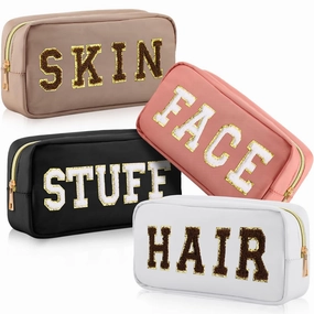 Remerry 4 Pcs Travel Toiletry Bags for Women Nylon Makeup Bag Organizer Cosmetic Chenille Letter Pouch Zipper Preppy Waterproof Hair Pouch Christmas Gift (Black, Nude Pink, White, Coffee)