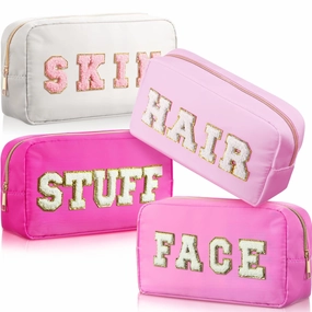Remerry 4 Pcs Travel Toiletry Bags for Women Nylon Makeup Bag Organizer Cosmetic Chenille Letter Pouch Zipper Preppy Waterproof Hair Pouch Christmas Gift(Rose Red, Pink, Light Pink, White)