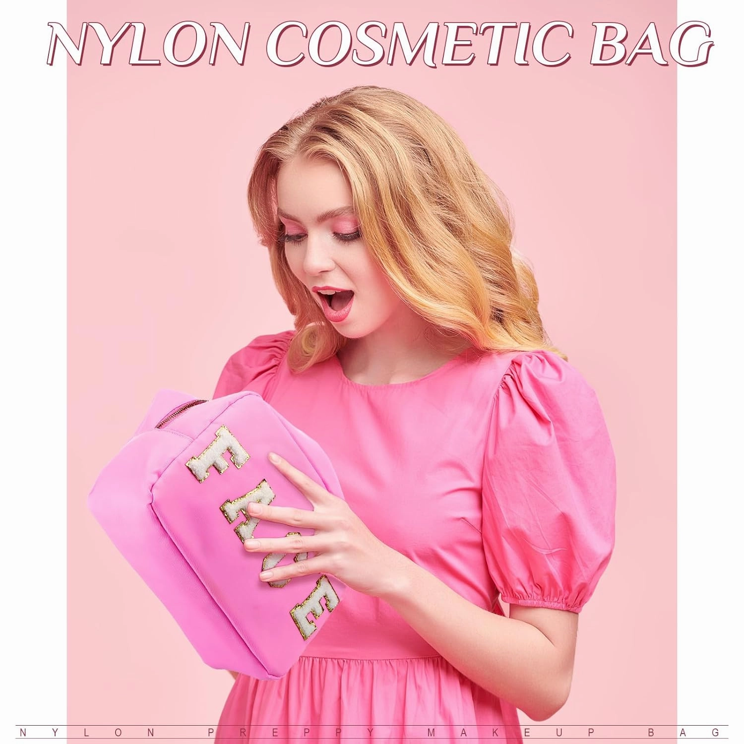 Remerry 4 Pcs Travel Toiletry Bags for Women Nylon Makeup Bag Organizer Cosmetic Chenille Letter Pouch Zipper Preppy Waterproof Hair Pouch Christmas Gift(Rose Red, Pink, Light Pink, White)