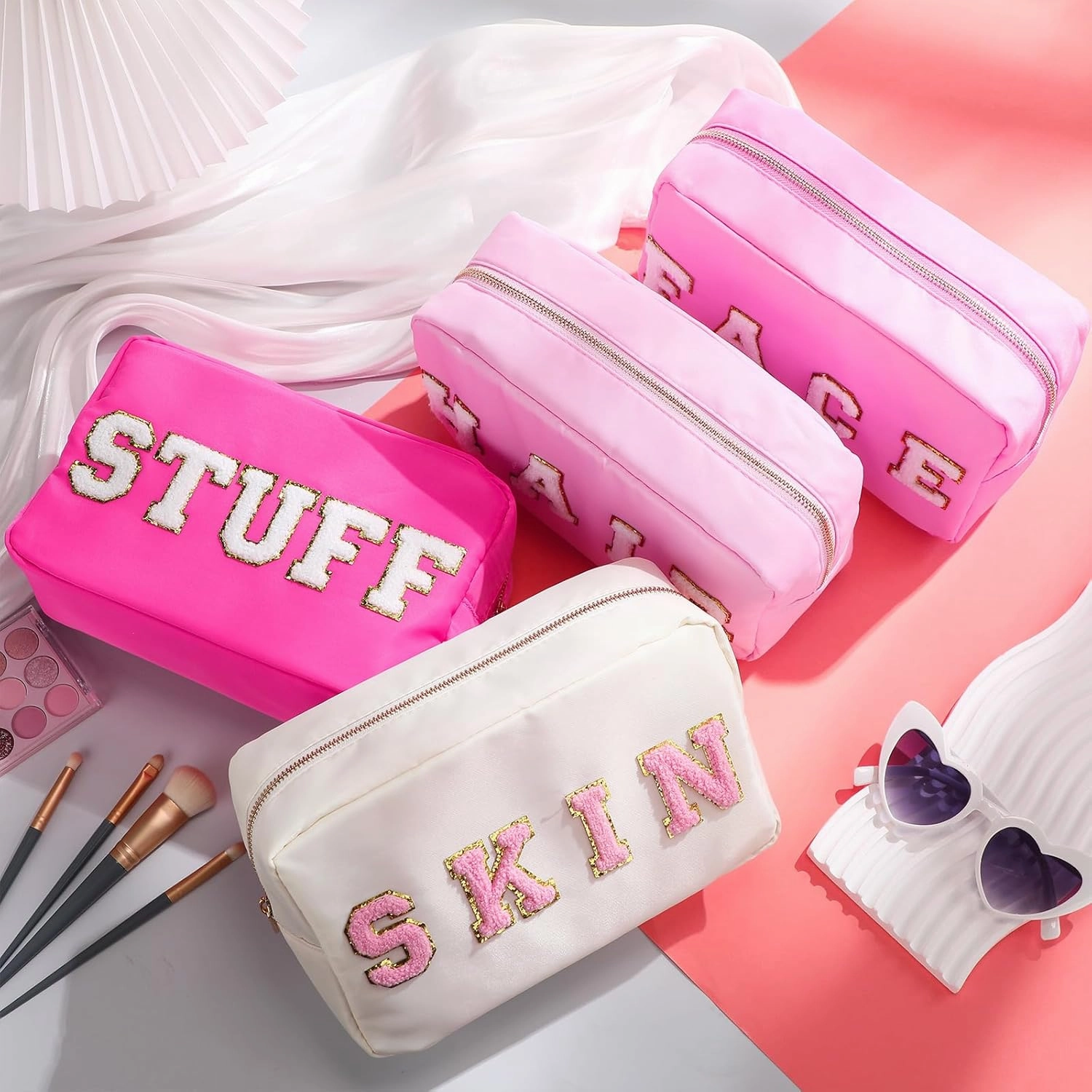 Remerry 4 Pcs Travel Toiletry Bags for Women Nylon Makeup Bag Organizer Cosmetic Chenille Letter Pouch Zipper Preppy Waterproof Hair Pouch Christmas Gift(Rose Red, Pink, Light Pink, White)