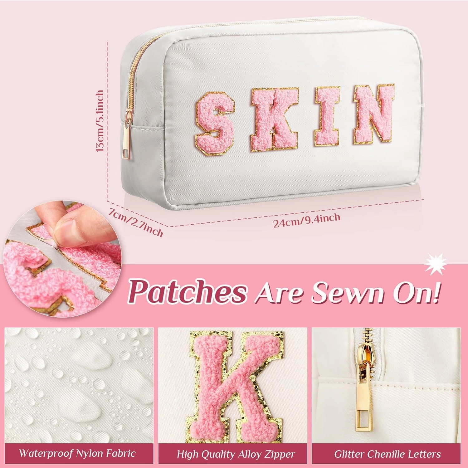 Remerry 4 Pcs Travel Toiletry Bags for Women Nylon Makeup Bag Organizer Cosmetic Chenille Letter Pouch Zipper Preppy Waterproof Hair Pouch Christmas Gift(Rose Red, Pink, Light Pink, White)