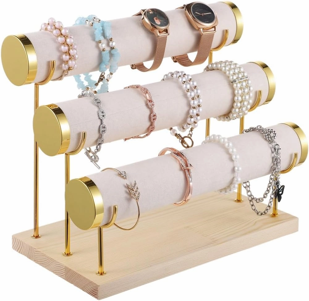 Removable 3-Tier Bracelet Holder, Bracelet Display Stand, Jewelry Organizer Rack, Velvet Jewelry Stand with Wooden Base, Jewelry Display for Bangles, Watches, Necklaces