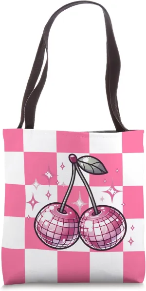 Retro 70s Vibe Disco Cherries Pop Art On Pink Checkered Tote Bag