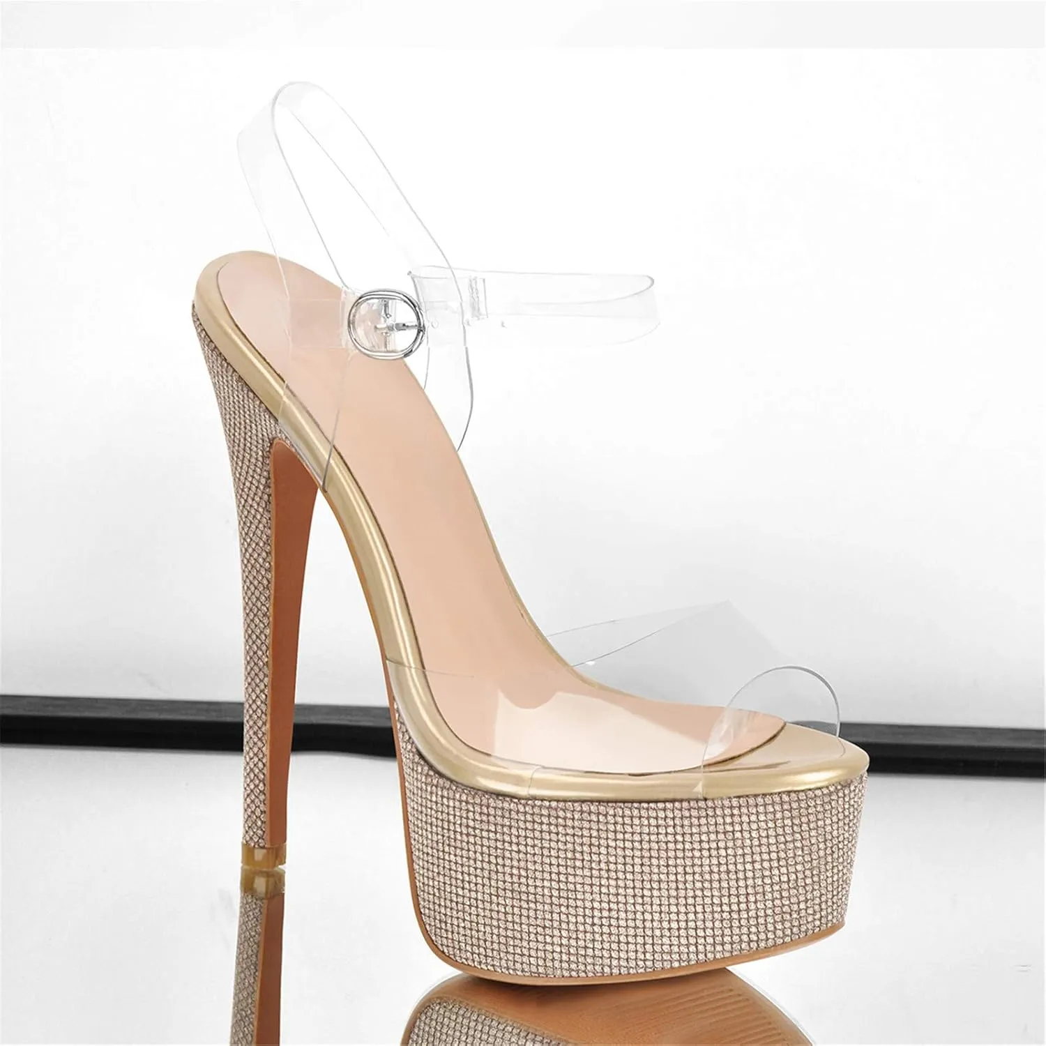 Richealnana Women's Platform Clear PVC Strap Glitter Stiletto Heel Sandals