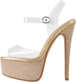 Richealnana Women's Platform Clear PVC Strap Glitter Stiletto Heel Sandals