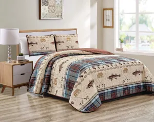 River Fly Fishing Themed Rustic Cabin Lodge Quilt Stitched Bedspread Bedding Set with Fishing Rods Lure with Southwestern Tartan Check Plaid Tweed Patterns Blue Brown - River Lodge (Twin)