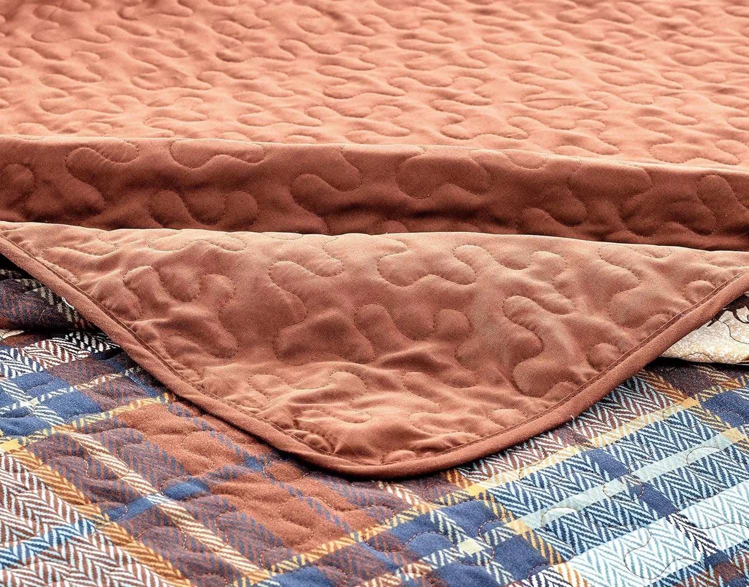 River Fly Fishing Themed Rustic Cabin Lodge Quilt Stitched Bedspread Bedding Set with Fishing Rods Lure with Southwestern Tartan Check Plaid Tweed Patterns Blue Brown - River Lodge (Twin)