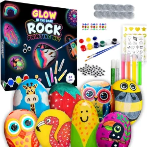 Rock Painting Kit - Glow in The Dark, 60  Pcs Arts and Crafts Rock Painting kit for Kids 6-12, Art Supplies with Glow & Standard Paints, Outdoor Toys for Boys & Girls Birthday & Easter Gifts