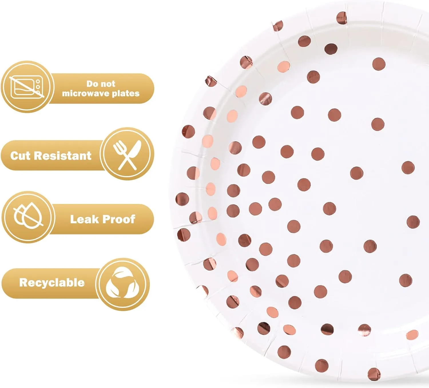 Rose Gold Paper Plates 100PCS,White and Rose Gold Dots Party Paper Plates,Disposable Dessert Plate Great for Birthday,Wedding,Bridal Showers,Cocktail Party,Anniversaries(7inch)