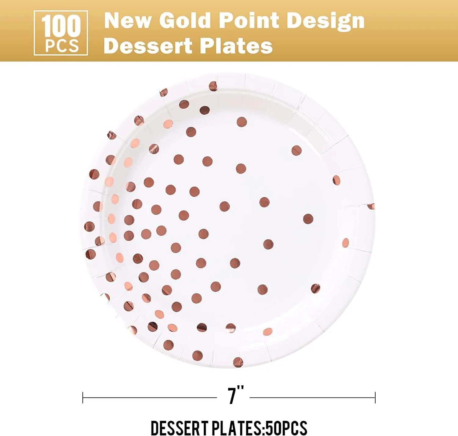 Rose Gold Paper Plates 100PCS,White and Rose Gold Dots Party Paper Plates,Disposable Dessert Plate Great for Birthday,Wedding,Bridal Showers,Cocktail Party,Anniversaries(7inch)