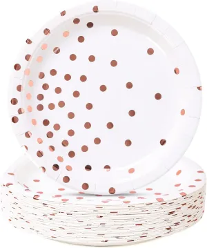 Rose Gold Paper Plates 100PCS,White and Rose Gold Dots Party Paper Plates,Disposable Dessert Plate Great for Birthday,Wedding,Bridal Showers,Cocktail Party,Anniversaries(7inch)
