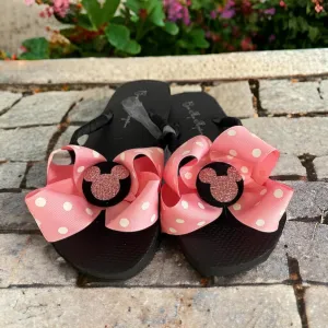 Rose Gold Pink Glitter Mickey Mouse Flip Flops, Kids & Women's Sandals, Polka Dot, Custom Handmade