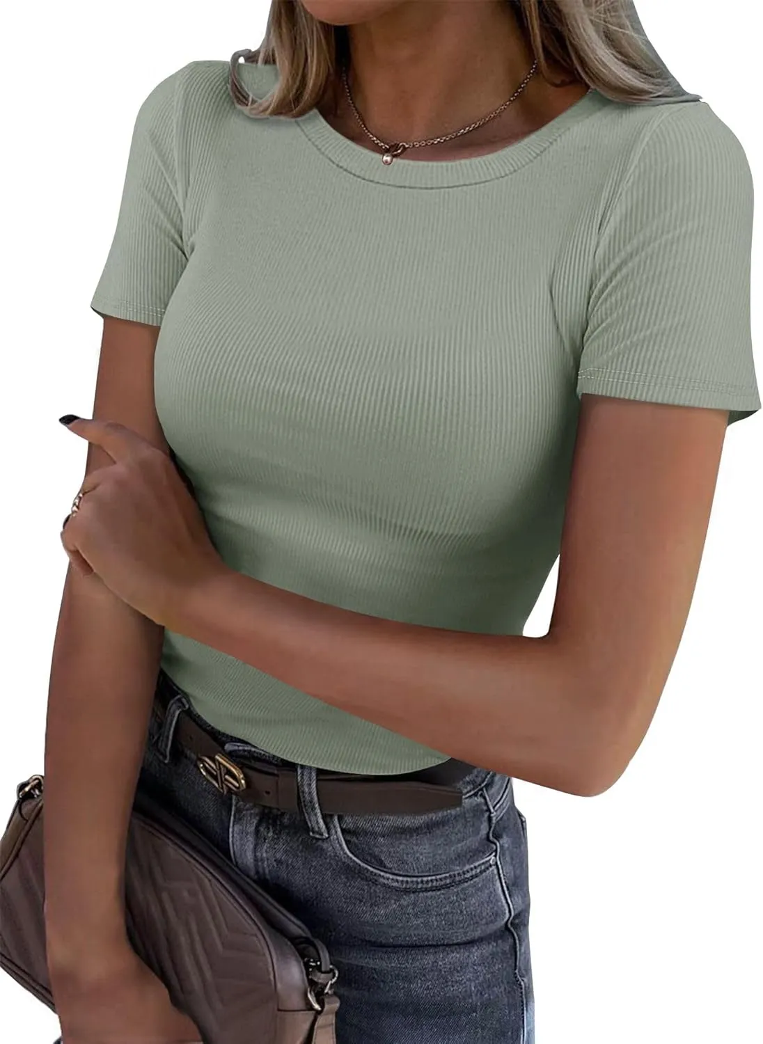 Roselux Women Crew Neck Ribbed Fitted Tight Tshirt Short Sleeve Shirt Basic Knit Top