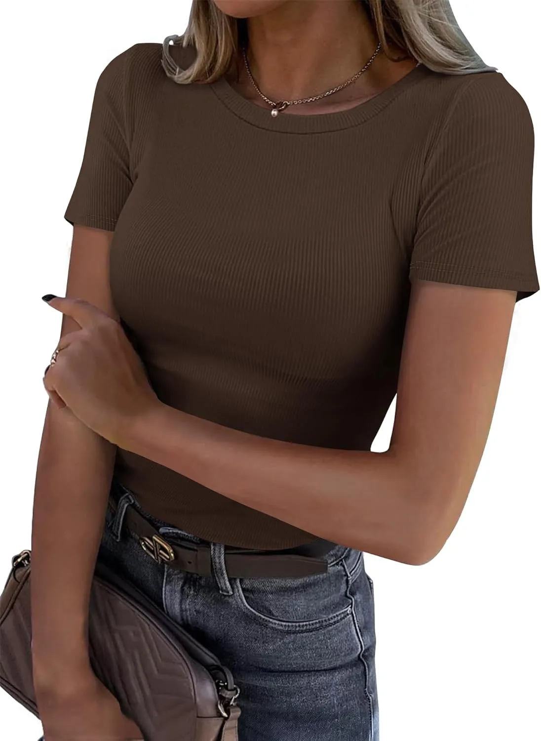 Roselux Women Crew Neck Ribbed Fitted Tight Tshirt Short Sleeve Shirt Basic Knit Top