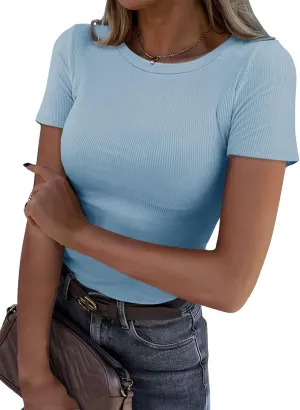 Roselux Women Crew Neck Ribbed Fitted Tight Tshirt Short Sleeve Shirt Basic Knit Top