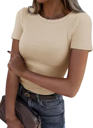 Roselux Women Crew Neck Ribbed Fitted Tight Tshirt Short Sleeve Shirt Basic Knit Top