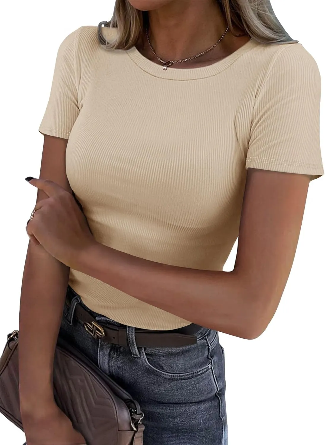 Roselux Women Crew Neck Ribbed Fitted Tight Tshirt Short Sleeve Shirt Basic Knit Top
